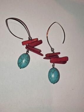 Turquoise and Coral Stone Drop Earrings - Women Jewelry